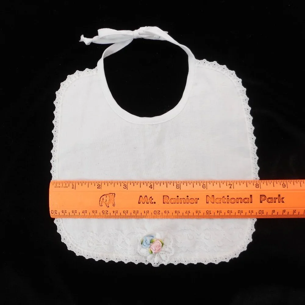 Vintage White Baby Bib Lace Trim Tie-back Rosette Flowers